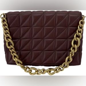 Zara Brown Quilted Leather Rectangle Shoulder Bag Clutch Purse with Gold Chain